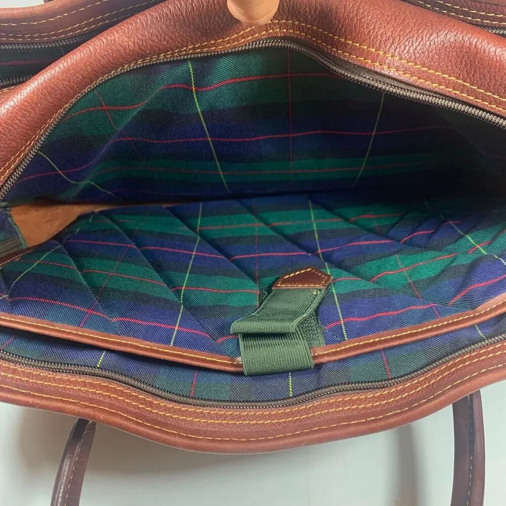 Vintage Orvis Brown Pebbled Leather Briefcase Messenger Laptop Bag Plaid Lining